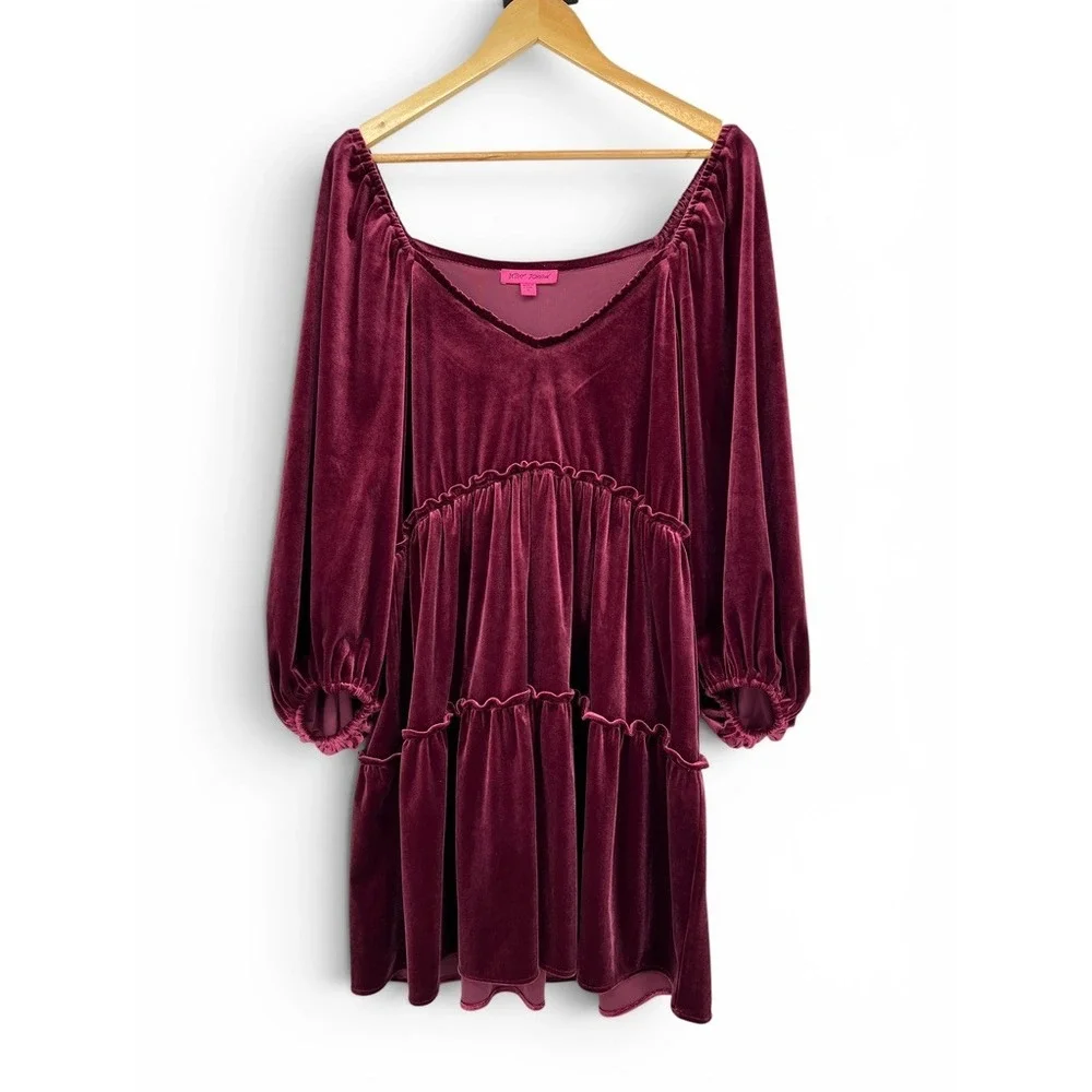 Betsey Johnson Burgundy Velvet Tiered Mini Dress Bishop Sleeve JL308559 Womens L - Picture 2 of 7